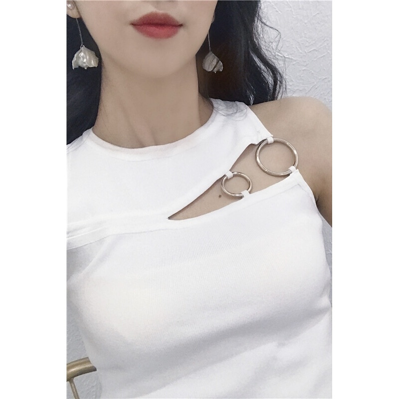 夏季韩版个性圆环无袖带背心修身显瘦短款打底衫上衣女白色均码