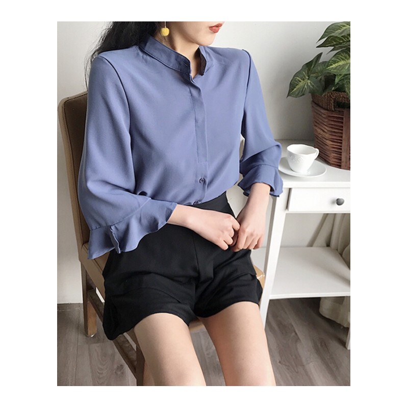 夏季韩版简约立领单排扣衬衫女喇叭袖纯色显瘦上衣灰绿色均码