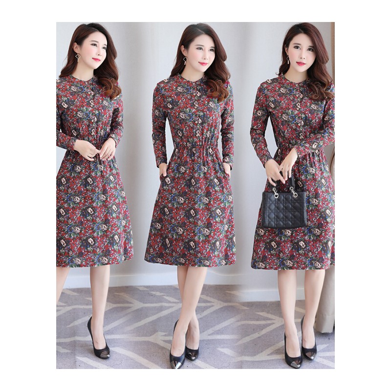2017春秋季妇女装30中年40妈妈50岁连衣裙修身时尚碎花打底裙潮