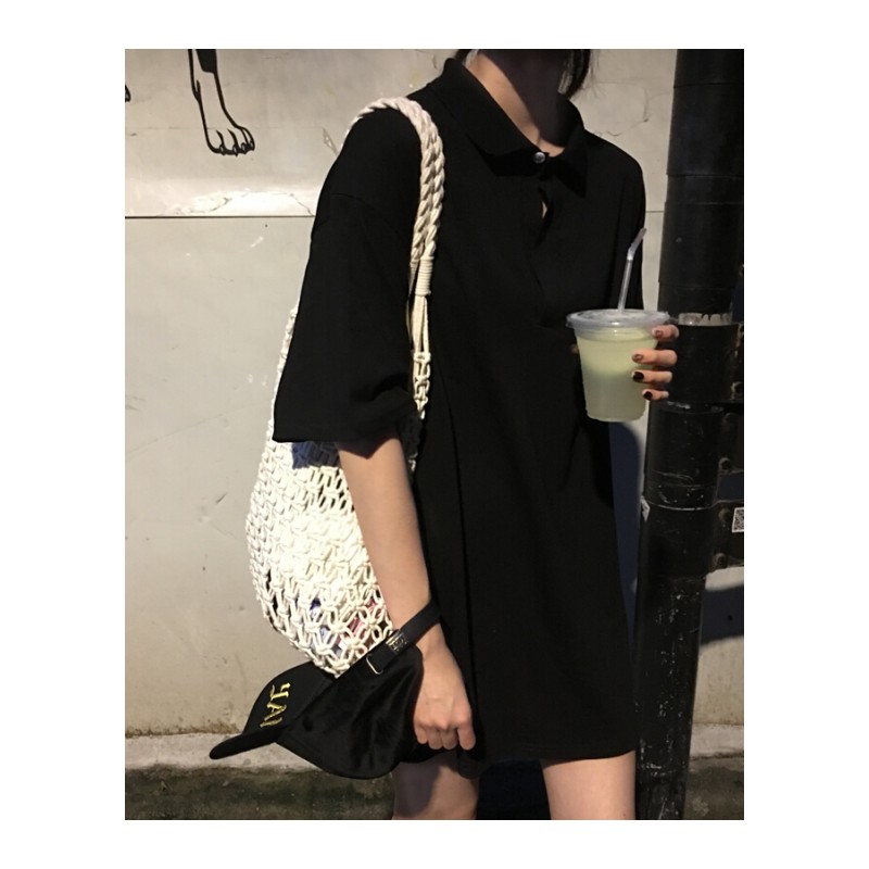 短袖T恤女学生夏2018下身失踪上衣韩版polo领连衣裙女 粉红色 均码