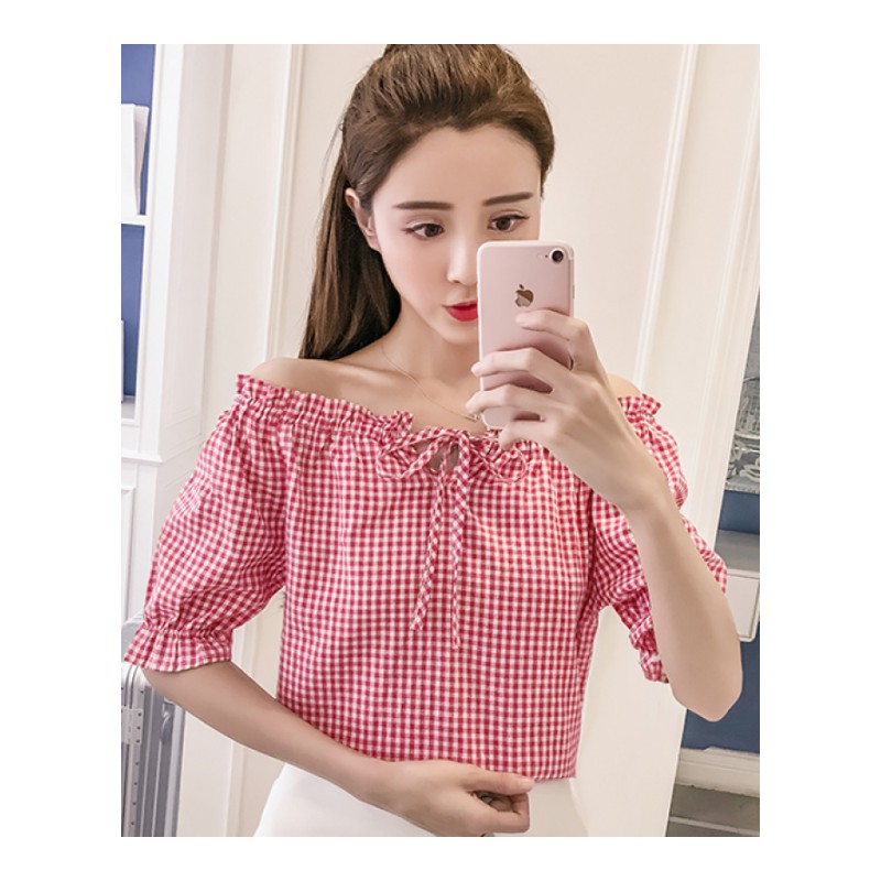 格子衬衫女夏薄甜美系带松紧两穿一字领露肩上衣格纹显瘦夏季短袖