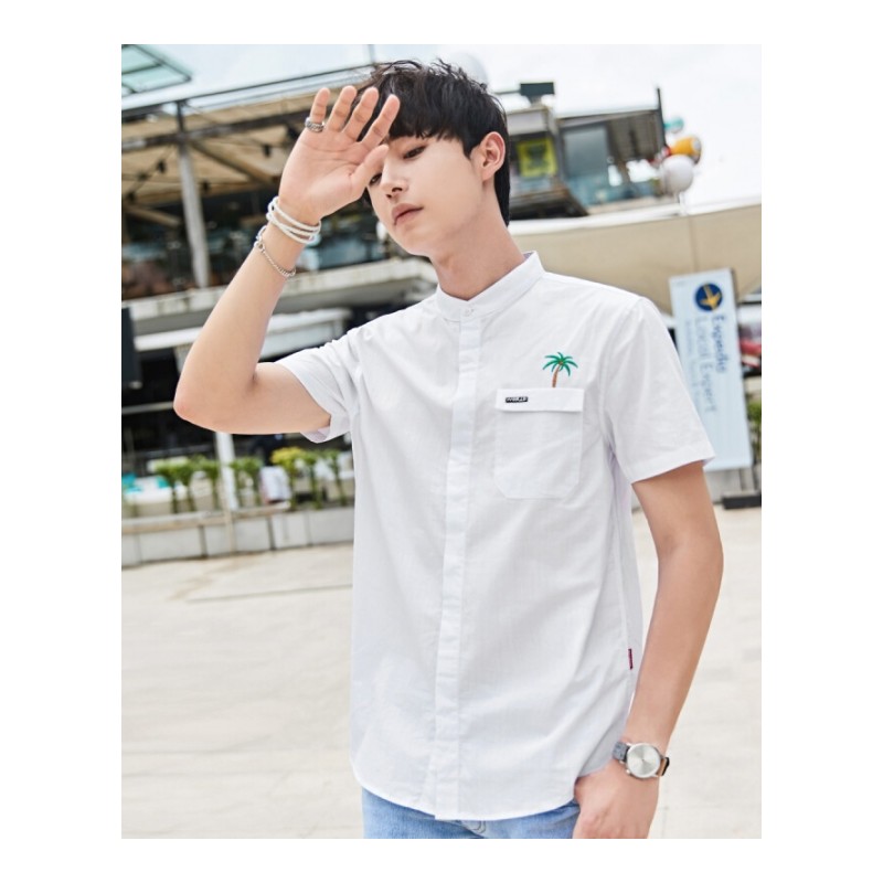 2018夏季新款短袖衬衫男生潮流韩版纯棉尖领青年刺绣衬衣