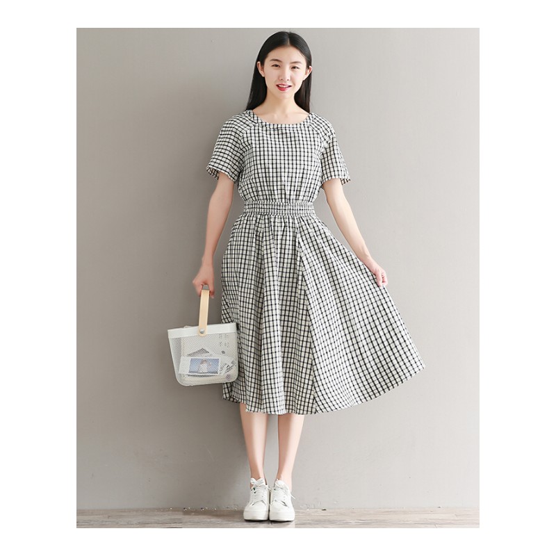 2018夏季文艺小清新格子松紧腰裙中长款显瘦连衣裙女