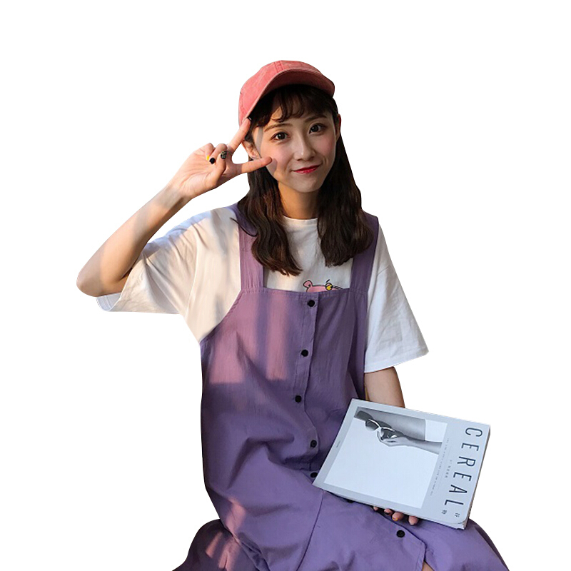 2018夏装韩版宽松无袖紫色中长款荷叶边连衣裙女长裙背带裙紫色均码