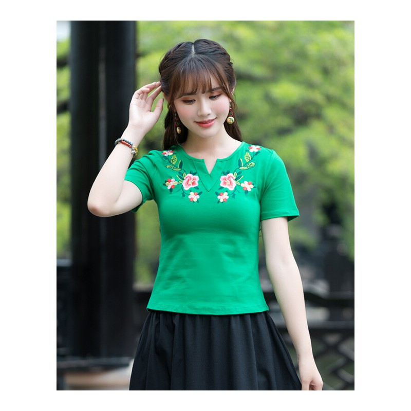 2018春夏名族风绣花V领大码5xl修身短袖棉T恤女
