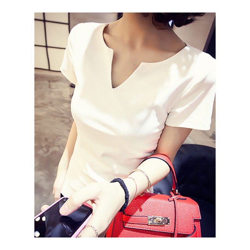 纯白色T恤女短袖韩范紧身小衫2018夏季新款性感v领上衣女显瘦白色XSS#025白色