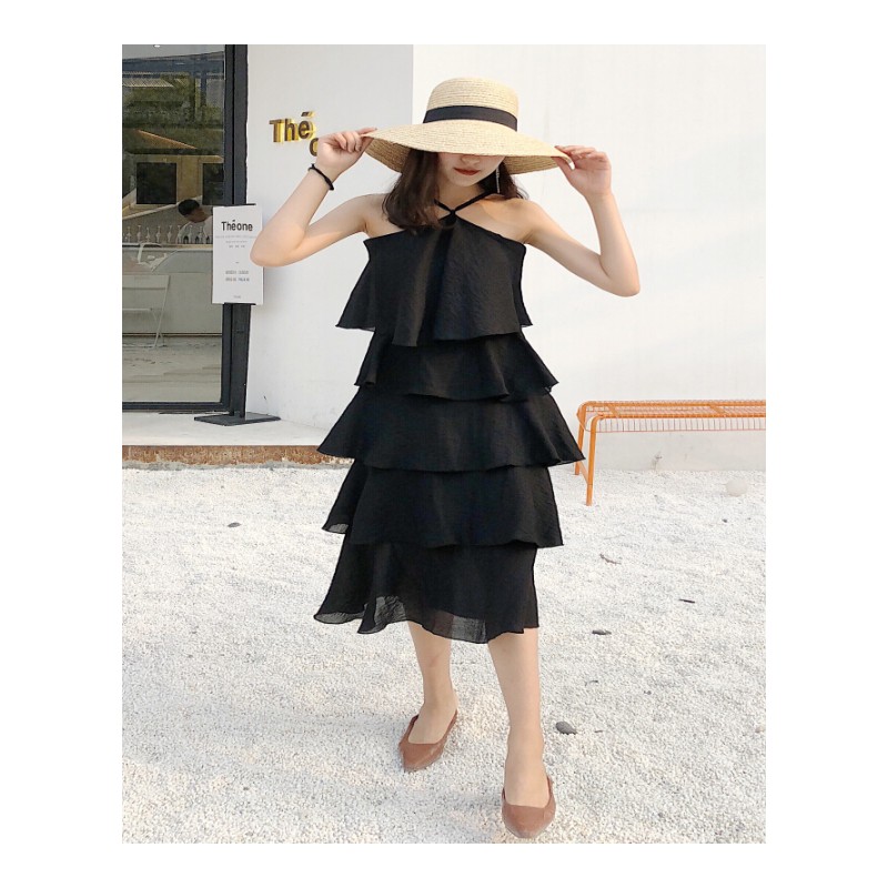 夏季挂脖荷叶边层层连衣裙女纯色气质性感露肩抹胸A字裙 黑色 均码