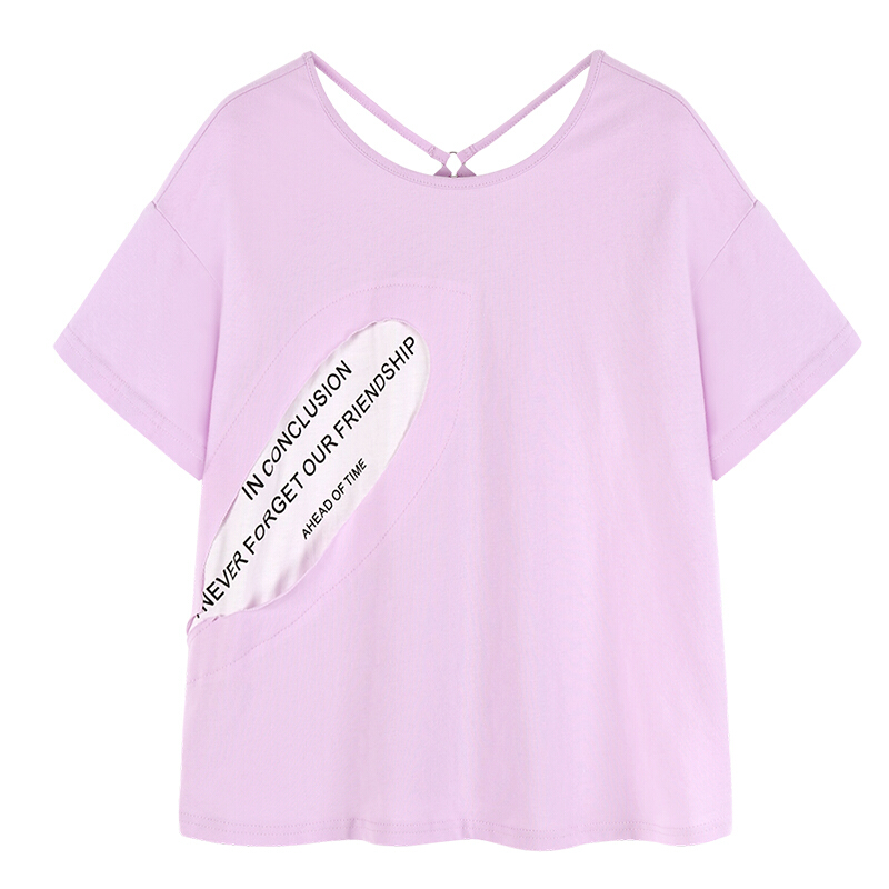 宽松T恤女2018夏季字母印花破洞短袖上衣紫色