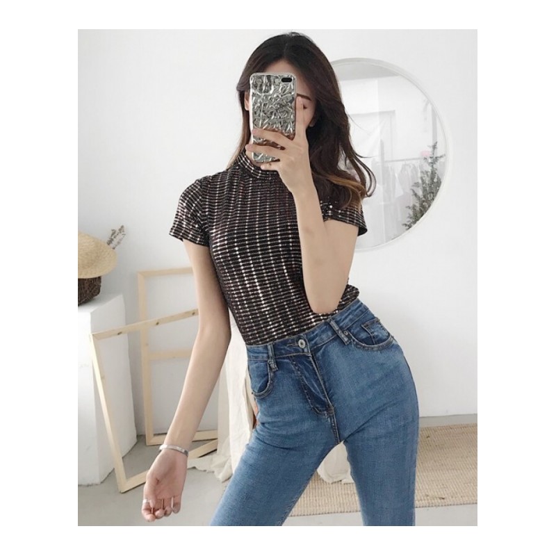 2018夏季新款韩版性感闪闪短袖T恤修身圆领短款上衣打底衫女装潮灰色均码