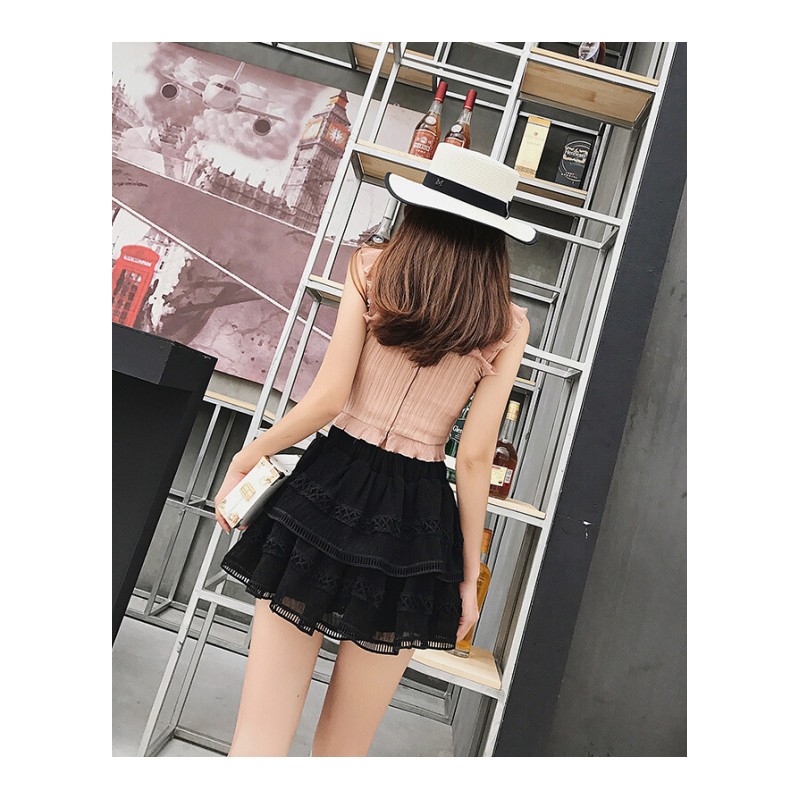 木耳边带背心女短款2018夏季显瘦绑带紧身性感上衣外穿杏色均码
