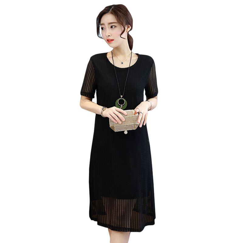 大码女装夏装2018胖mm中长款宽松显瘦纯色遮肚短袖时尚连衣裙黑色