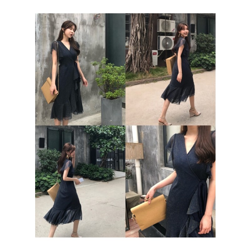 港味复古亮丝V领系带连衣裙女夏优雅荷叶边鱼尾裙 浅蓝色 均码