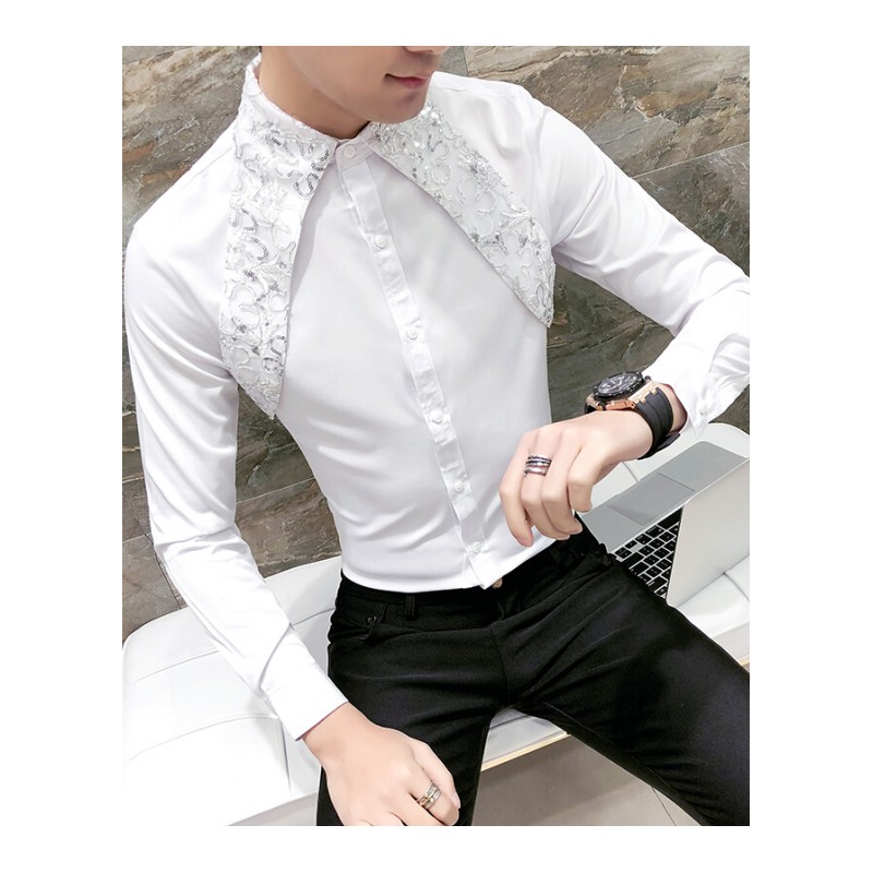 2018春季男潮流个性蕾丝长袖衬衫韩版修身夜店男工作服型师衬衣