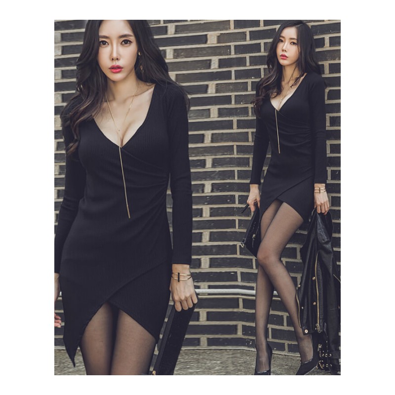 性感连衣裙女2018新款春季显瘦长袖裙子秋冬款低胸包臀裙夜店女装