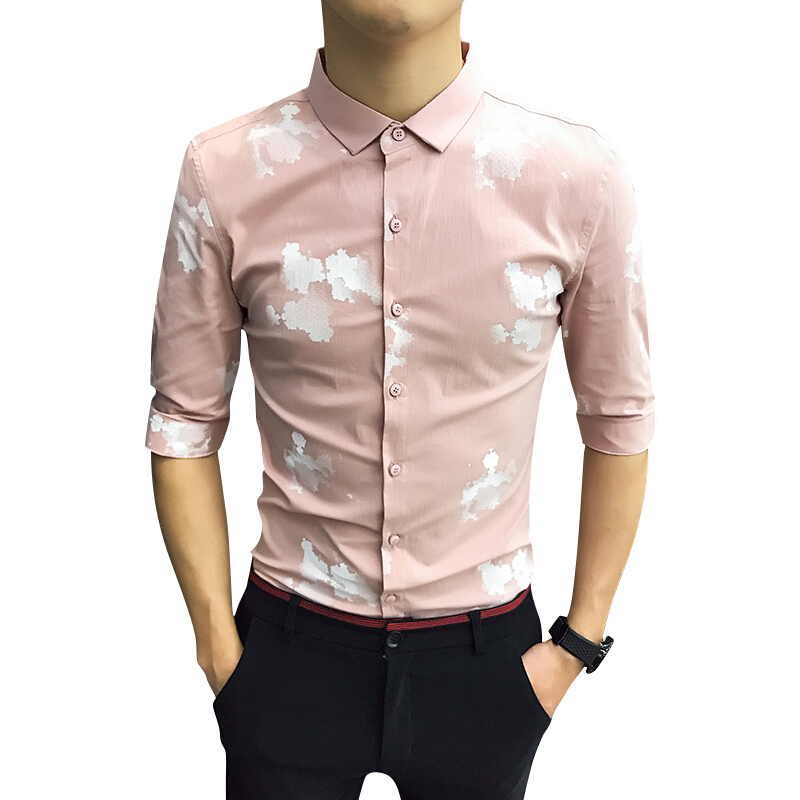 夏季潮流青少年中袖衬衫男士五分袖半袖韩版修身型师印花衬衣
