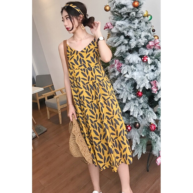 夏季韩版chic性感V领带连衣裙中长款显瘦印花打底裙女红色均码