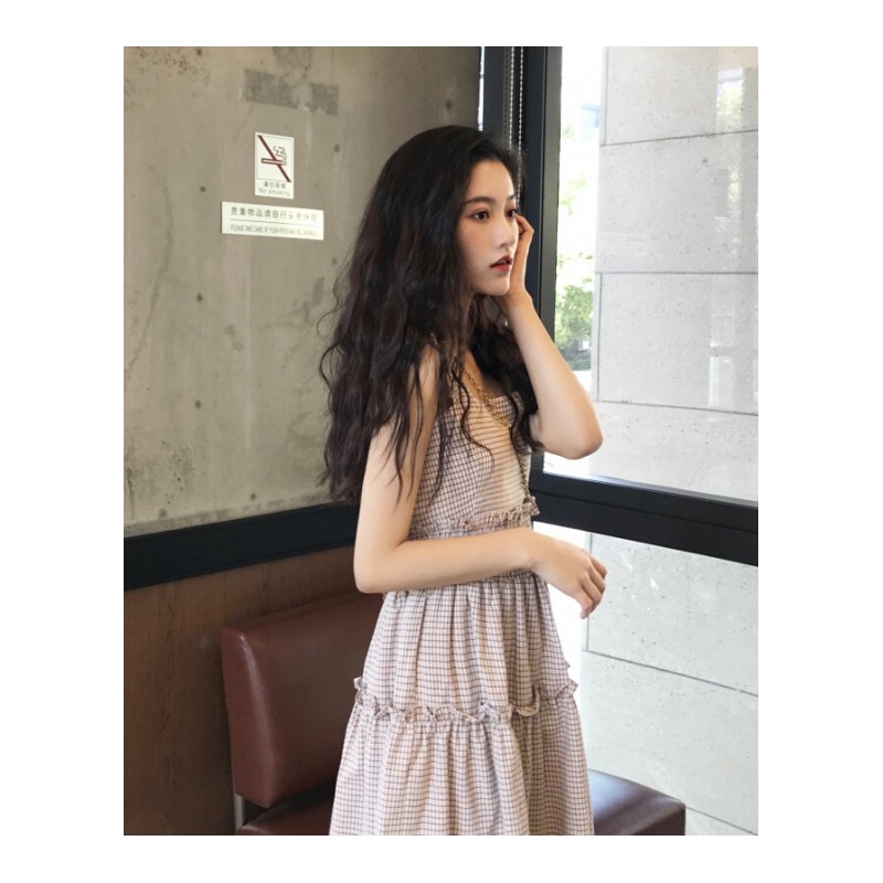 2018夏装韩版气质木耳花边褶皱格子带连衣裙学生女装粉格