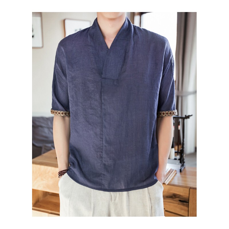 夏季中国风棉T恤男装中式唐装宽松亚麻上衣短袖半袖加肥大码