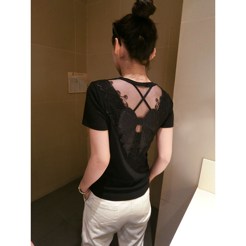 2018夏季女T恤韩版纯色蕾丝拼接美背半袖时尚短袖上衣黑色