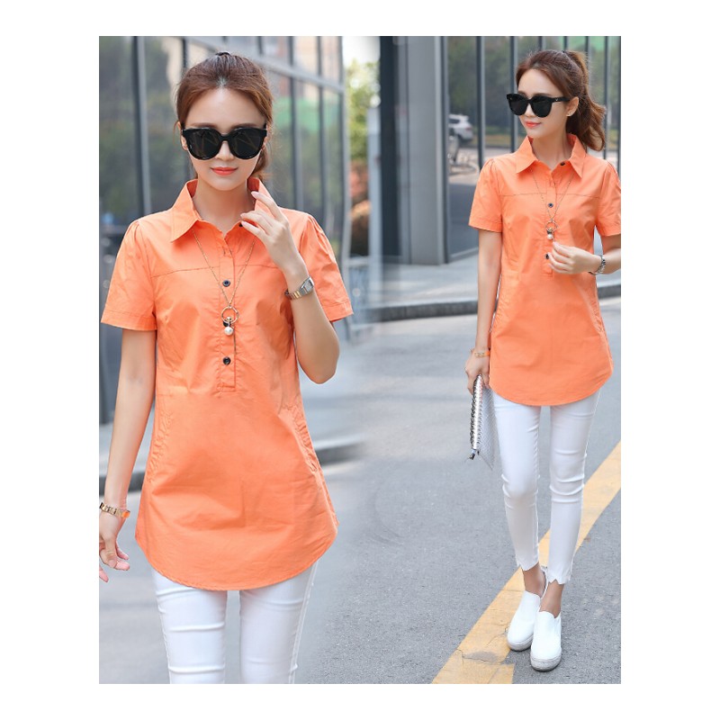 白衬衫女短袖2018夏装韩版修身显瘦学院风中长款打底衬衣