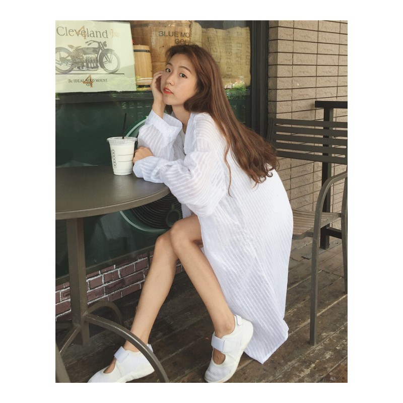 春夏女装韩版POLO领中长款长袖衬衫薄款防晒衣宽松衬衣上衣外套潮 白色 均码