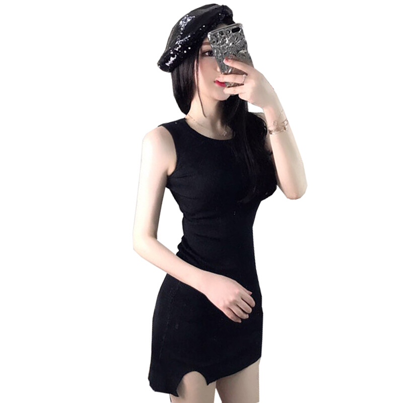 2018秋季新款性感夜店女装圆领修身包臀下摆开叉短裙针织连衣裙潮灰色均码