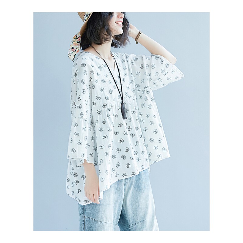 加肥加大码女装200斤胖mm夏装减龄v领上衣女短袖T恤休闲显瘦白色树叶大码均码[110-220斤]