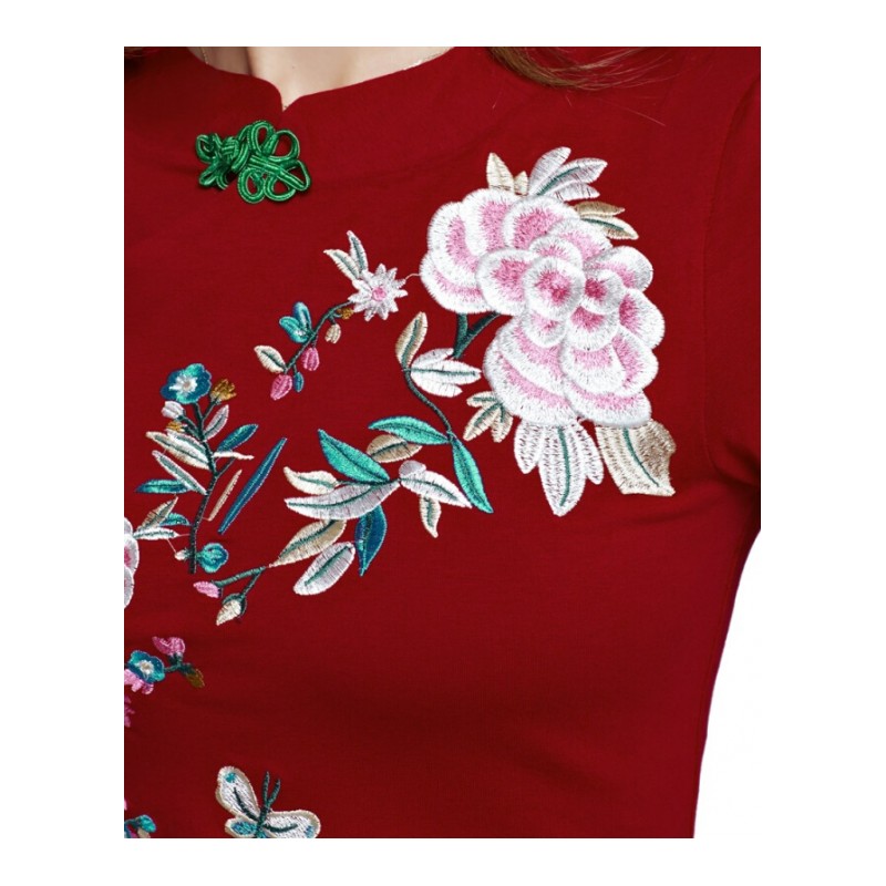 2018春夏民族风绣花立领短袖T恤大码修身女体恤衫复古盘
