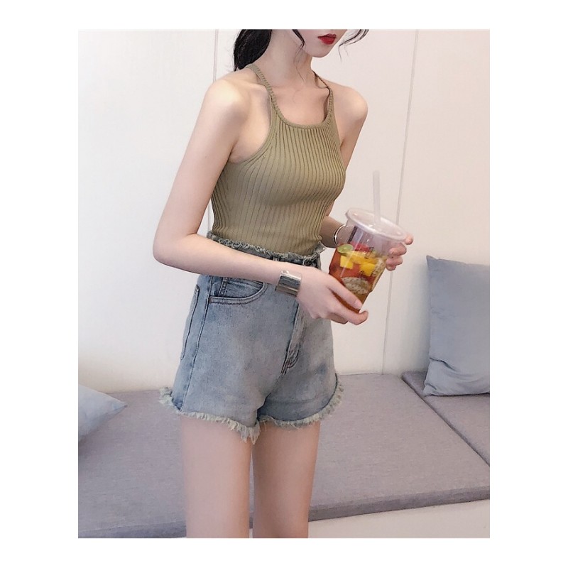 针织挂脖带漏小心机背心女夏性感bf风打底外穿显瘦时尚上衣橄榄绿均码