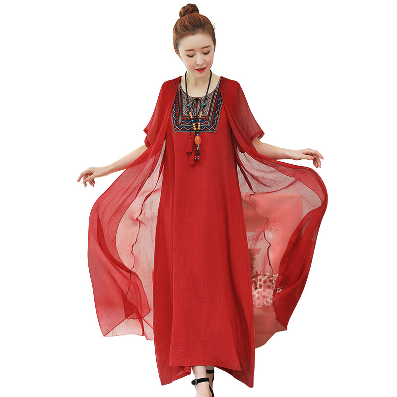 夏装大码胖MM女装200斤胖妹妹中国风棉麻假两件连衣裙中长款