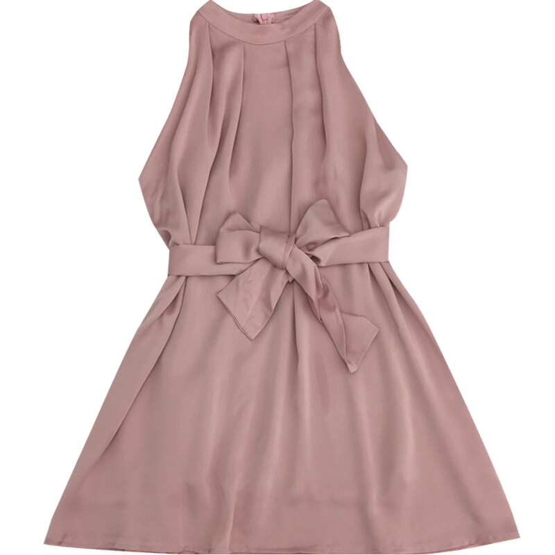 高腰蝴蝶结系带纯色气质A字裙女装2018夏季冷淡风连衣裙黑色均码