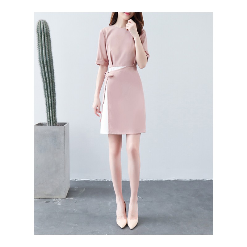 2018夏季女装韩版OL气质显瘦短袖连衣裙时尚收腰A字裙子粉色