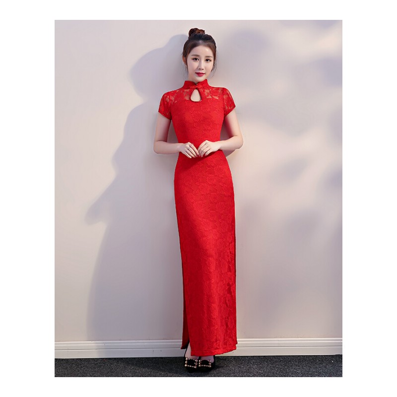 礼仪服装女迎宾小姐服冬季短袖开业红色长款2018新款旗袍敬酒礼服