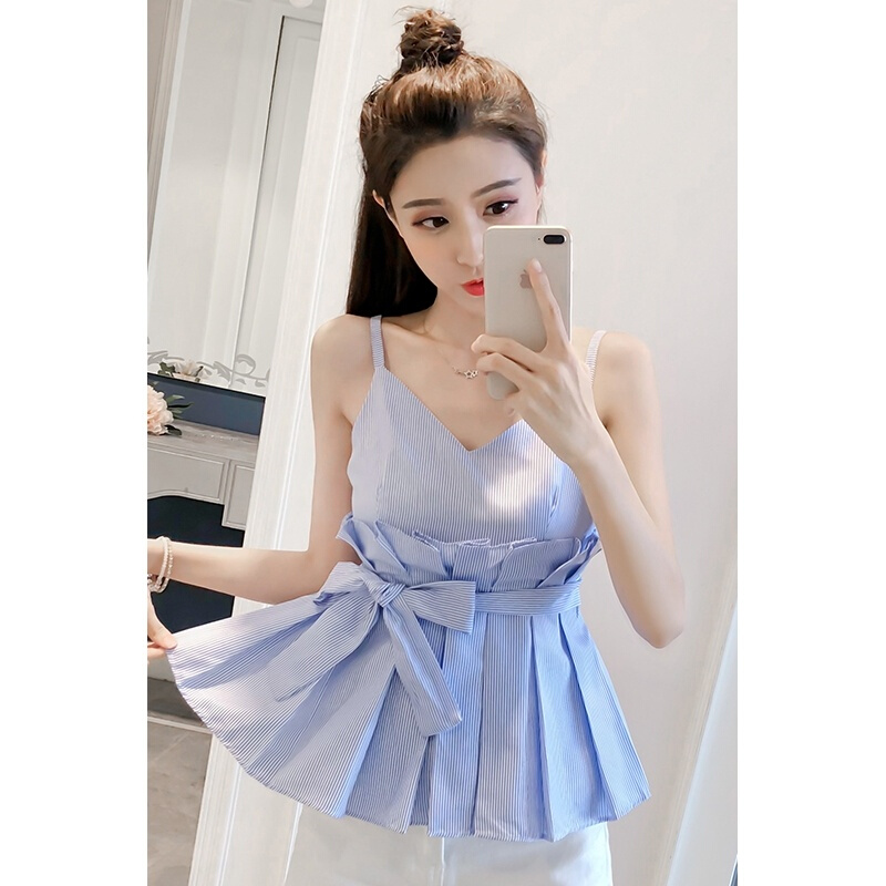 2018夏装韩范小清新条纹带背心V领无袖绑带收腰显瘦上衣女蓝白条纹