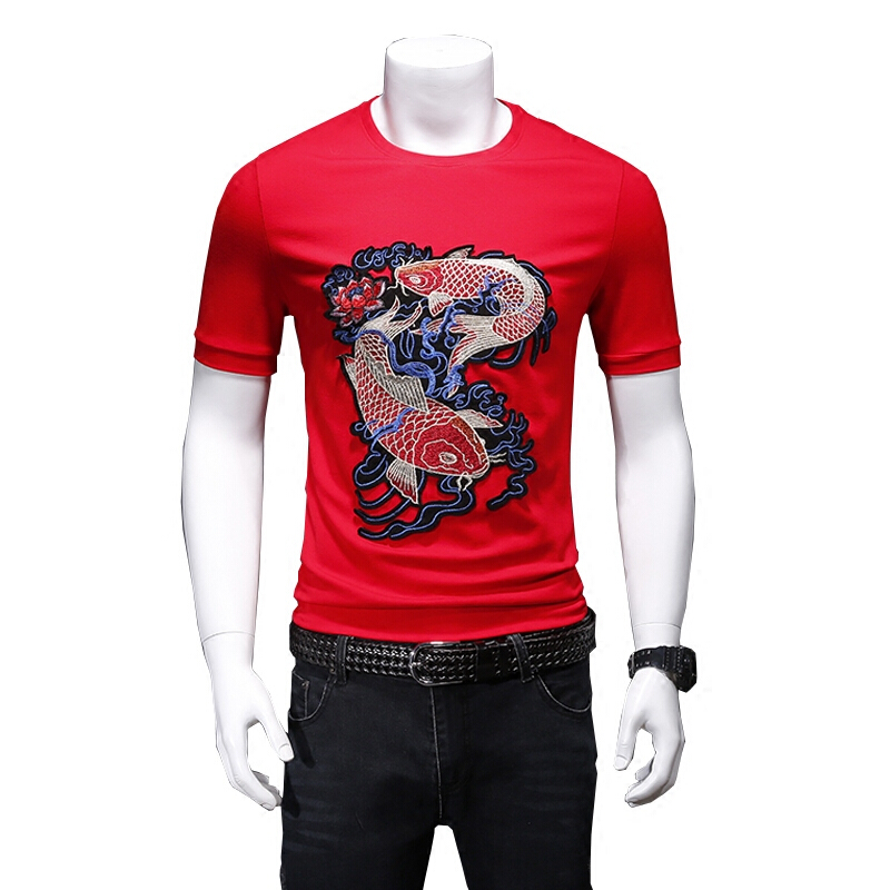 男士中国风夏季鲤鱼刺绣花T恤男装大红色短袖大码本命年半袖体恤黑色贴布刺绣