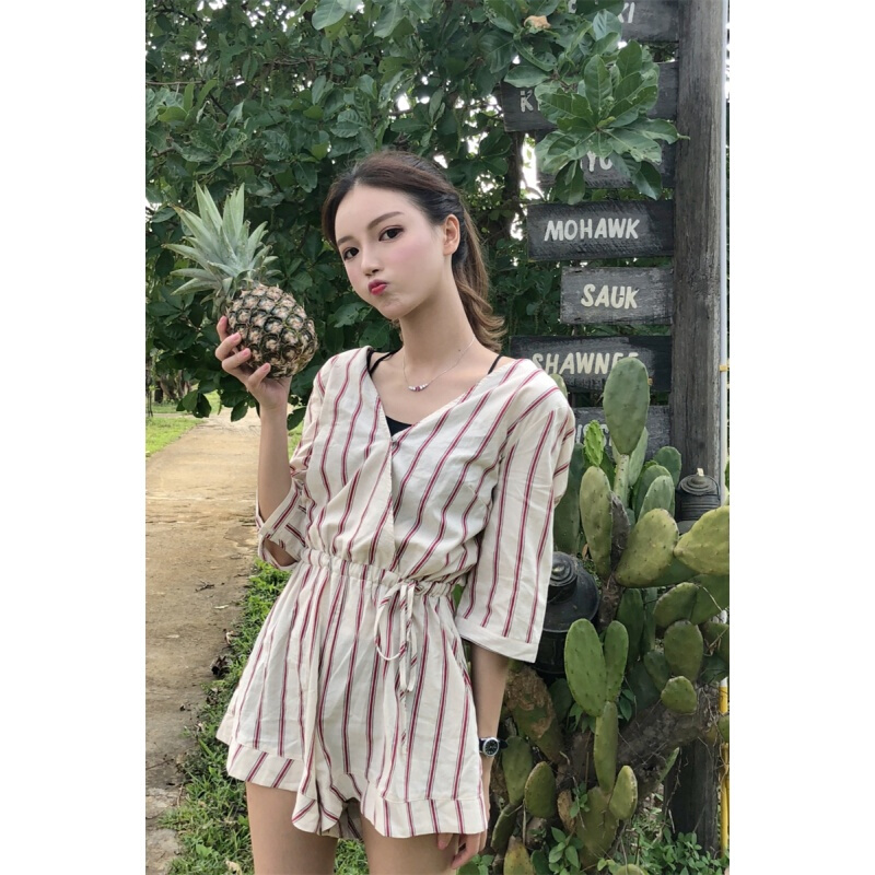 夏装2018条纹连体裤女显瘦韩版气质高腰短裤子图片色