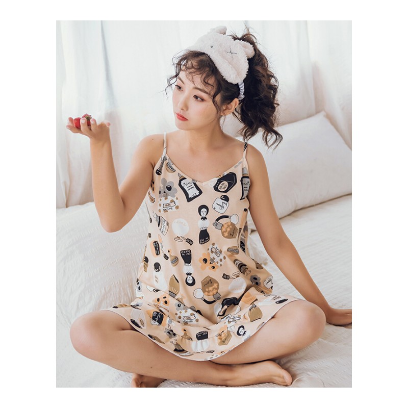 2018夏季女士带卡通兔甜美睡裙中长款韩版睡衣长款女纯棉