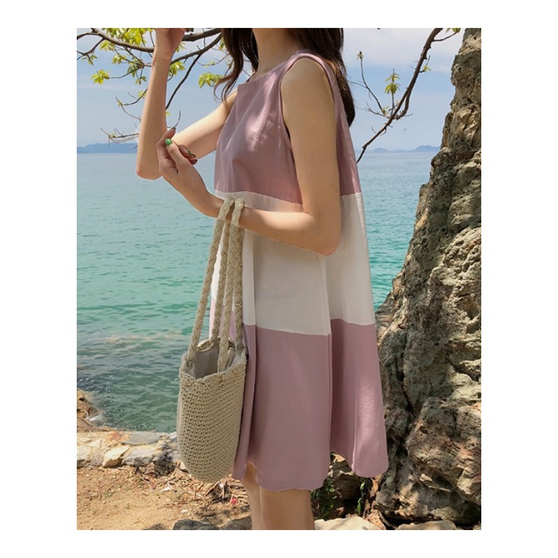 2018夏装拼接撞色后背系带无袖学生韩版背心连衣裙女装粉红色均码