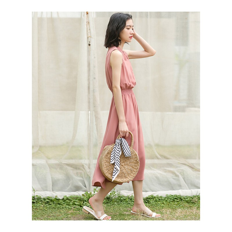 韩版甜美立领小口袋纯色排扣中长款无袖松紧腰显瘦连衣裙女夏图片色