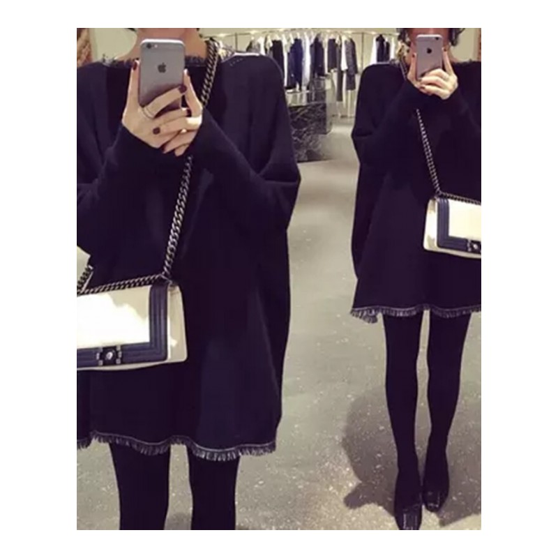 春天显瘦针织打底衫中长款包臀T恤女薄款流苏上衣服韩版小衫黑色[2018春装薄款]