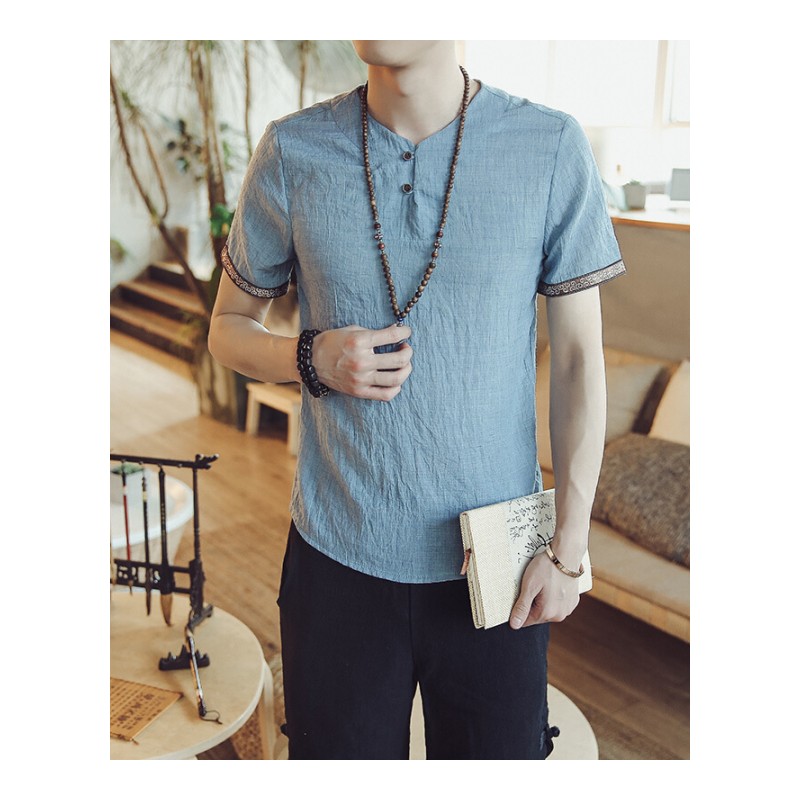 2018夏季新款男士亚麻布短袖T恤宽松v领中国风男装棉麻料潮男体恤