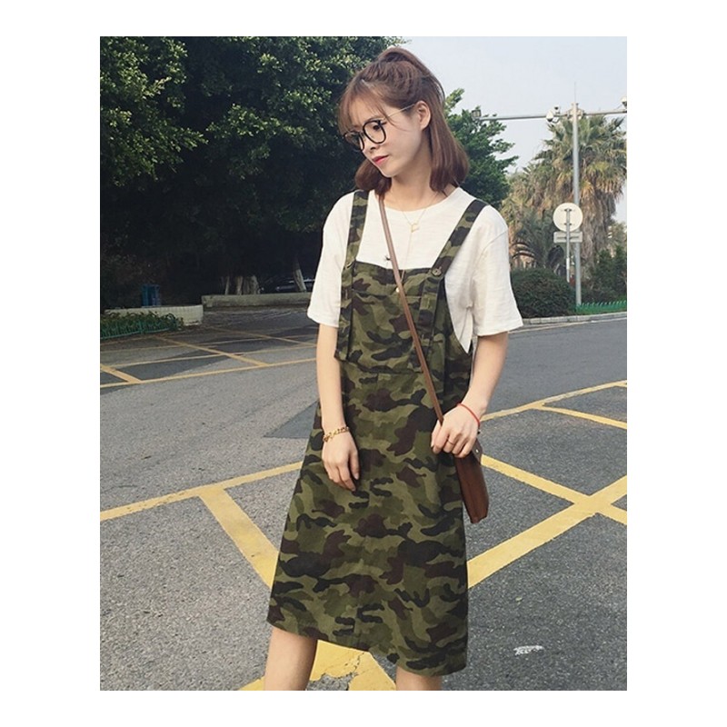大码女装胖mm夏装两件套遮肚显瘦T恤中长款迷彩背带连衣裙子200斤图片色