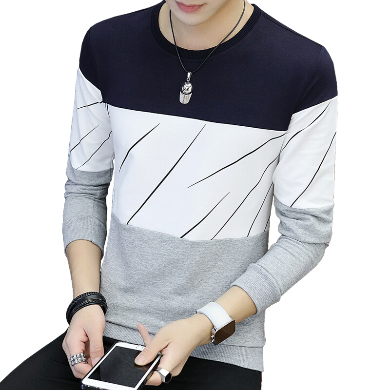 2018春季新品打底衫男士长袖T恤帅气内搭上衣外穿纯棉男装衣服土8118下蓝不加绒M【90-100斤】