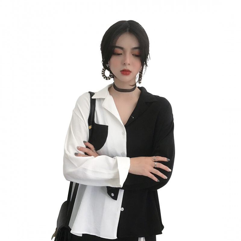 复古港风夏季女装简约宽松显瘦上衣拼接撞色口袋长袖衬衫港味卡其色均码