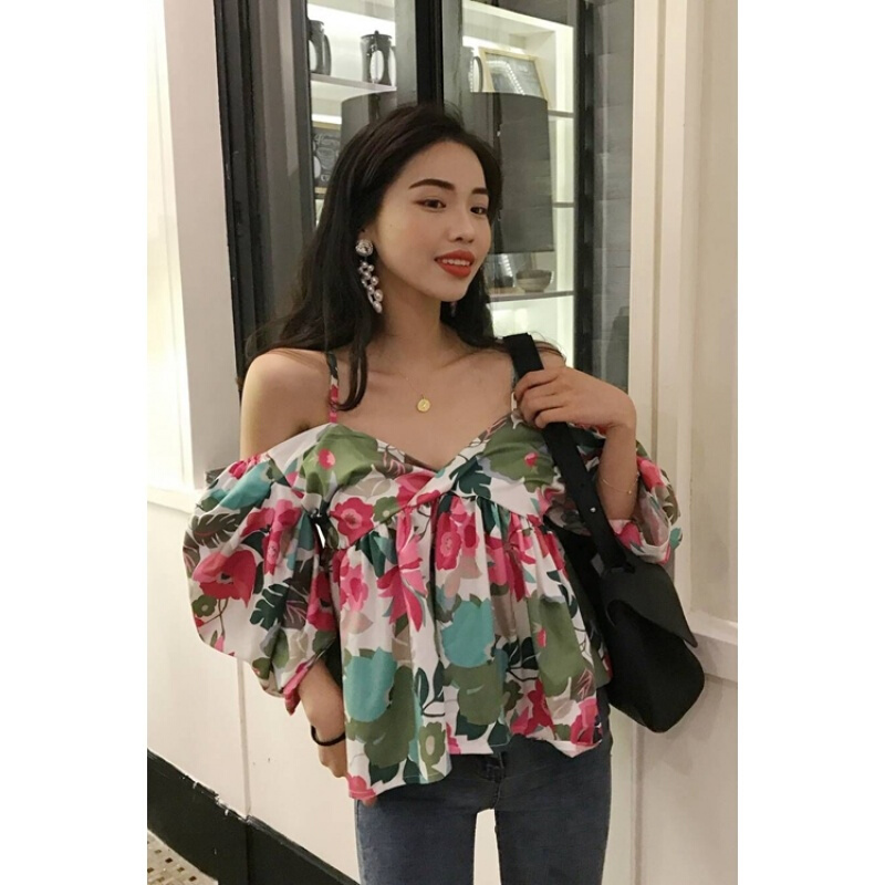 夏季2018韩版时尚宽松正反两穿V领娃娃印花带衫上衣女绿色均码