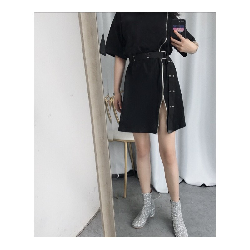 港味夏季韩版绑带收腰个性拉链设计气质黑色短袖连衣裙女短裙黑色