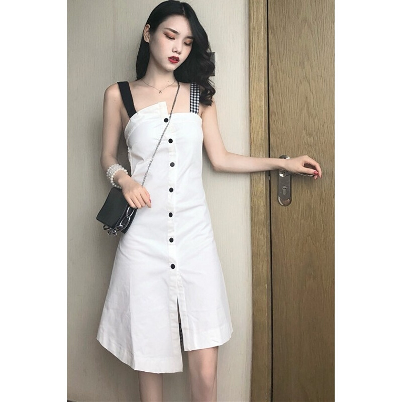 夏季韩版个性不规则拼色带连衣裙性感露背排扣打底裙女 白色 均码
