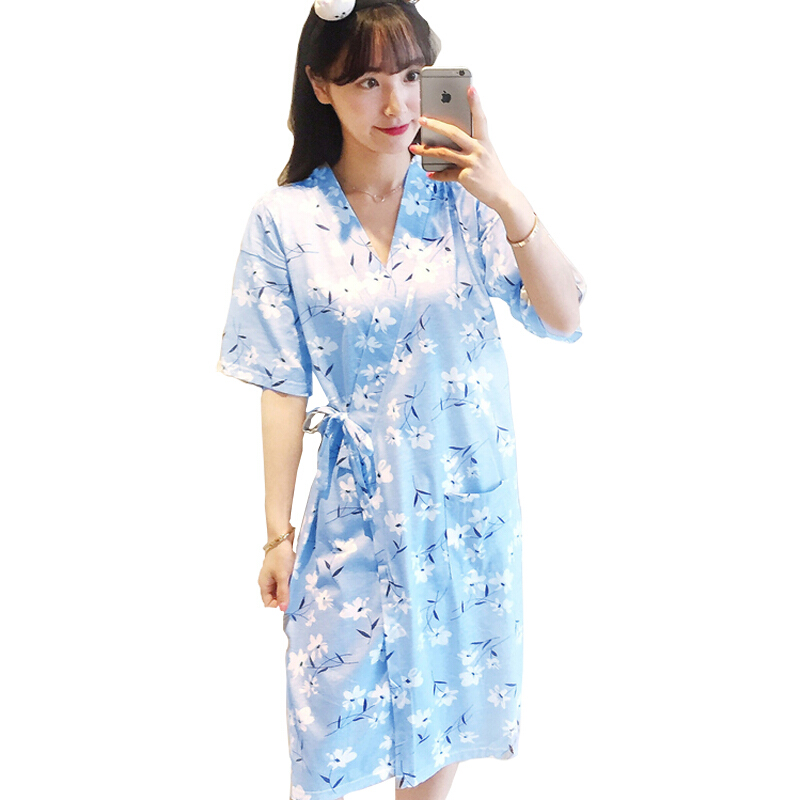 日式和服睡袍女韩版睡裙少女夏季甜美可爱家居服短袖纯棉睡衣夏天樱花兰色542#