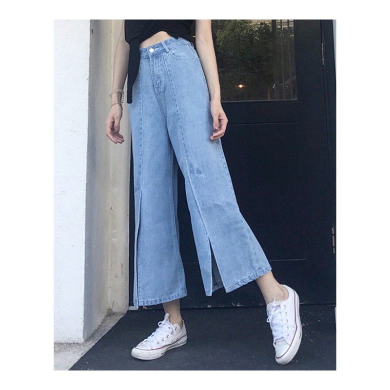 秋夏装韩版加肥加大码200斤胖mm高腰破洞九分牛仔裤女宽松阔腿裤浅蓝色8811S码【90-100斤】