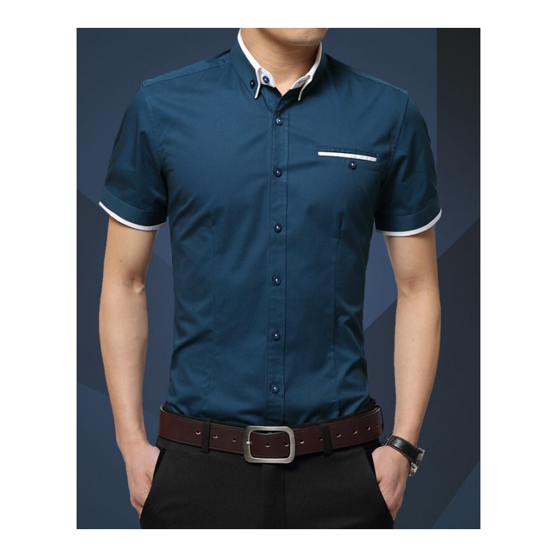 2018短袖衬衫男士夏季青年纯色修身休闲寸衫免烫大码潮白色M(100-115斤左右)